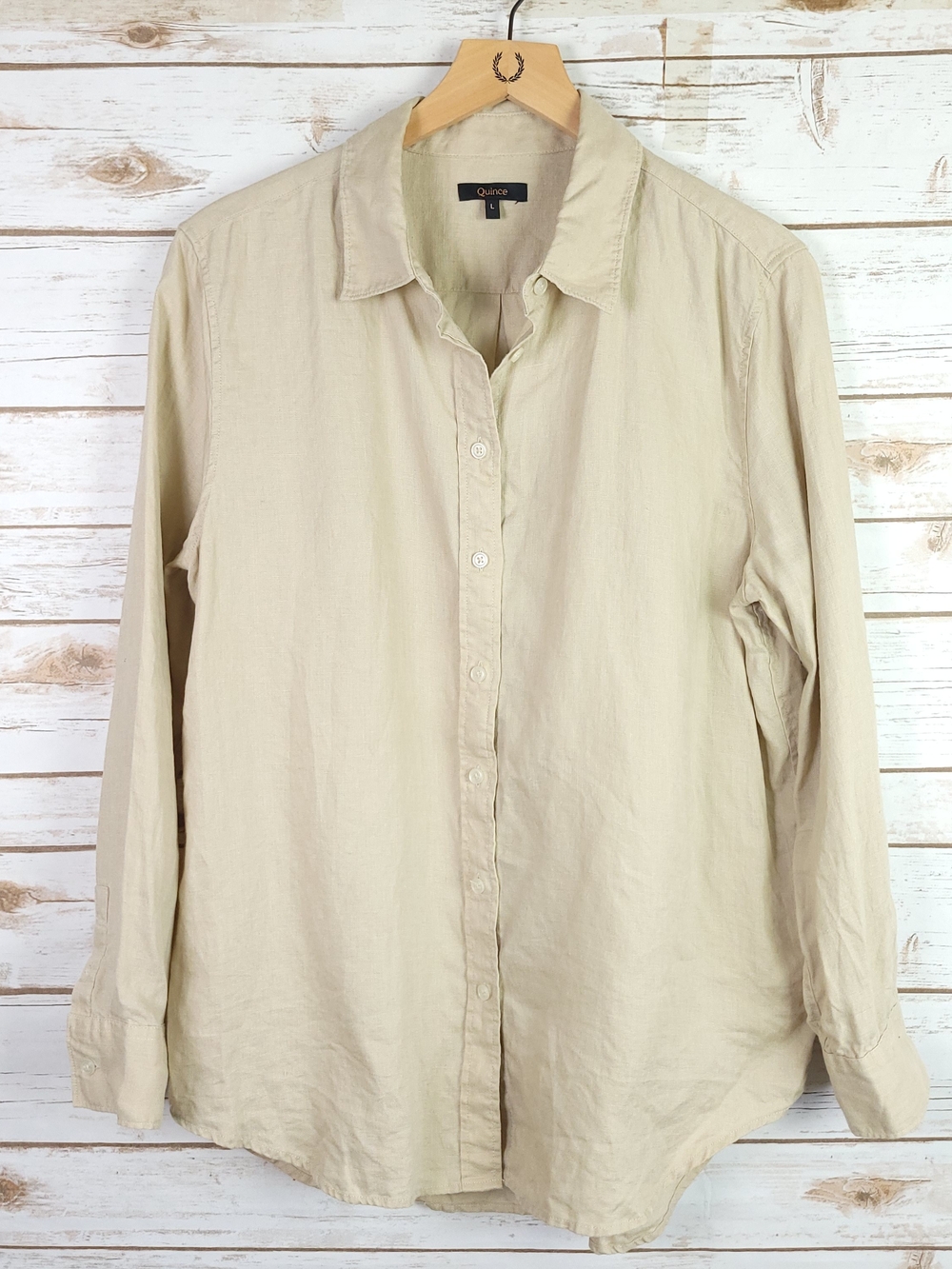 Quince Button Down Down Large Beige Long Sleeve Linen